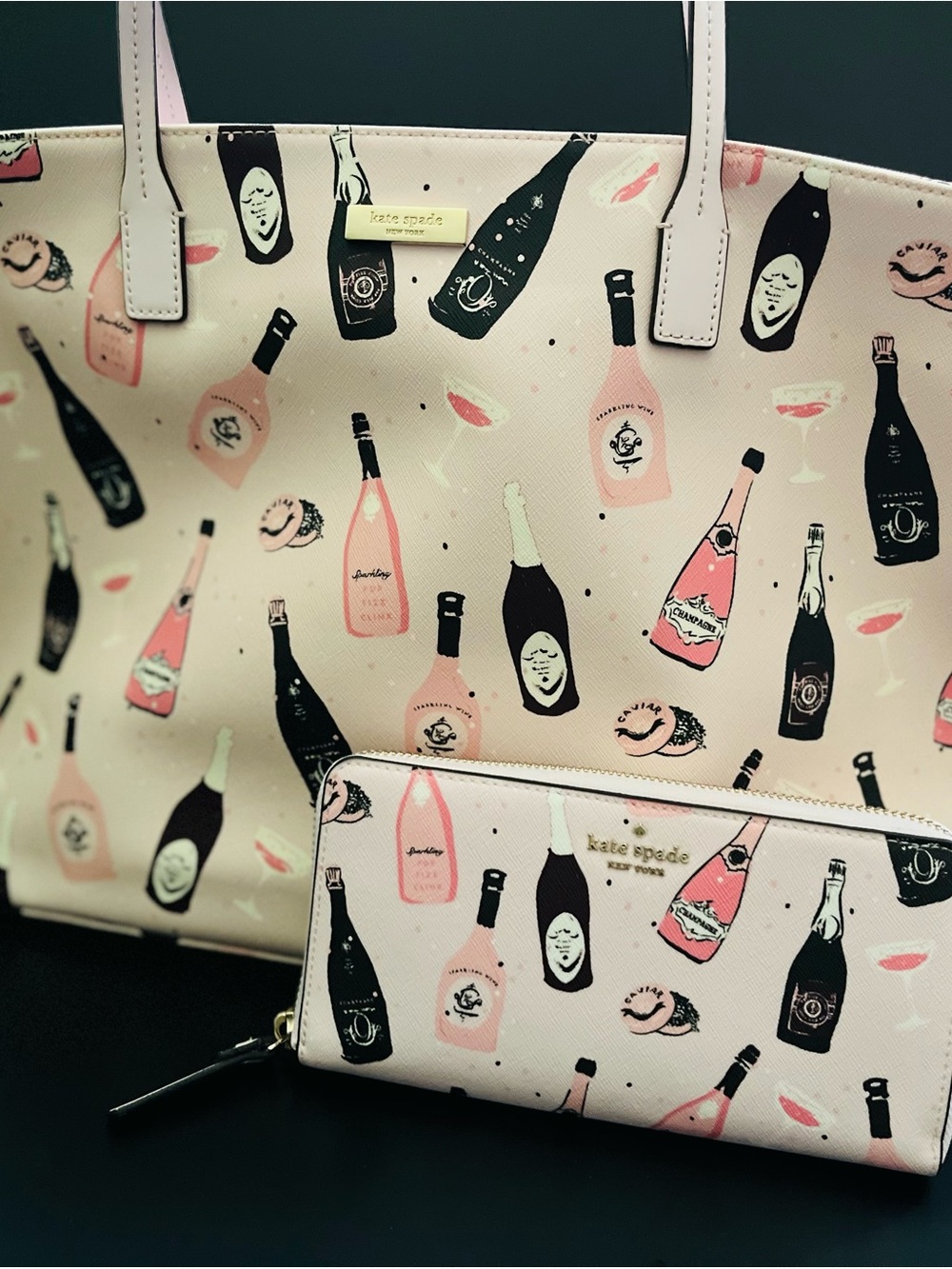 kate spade Pink Champagne Bottle Tote with Matching Wallet Set